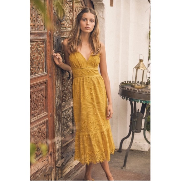 NEW Lulu’s | Robyn Mustard Yellow Lace Button-Up Midi Dress Boho Spanish Small - Picture 3 of 7